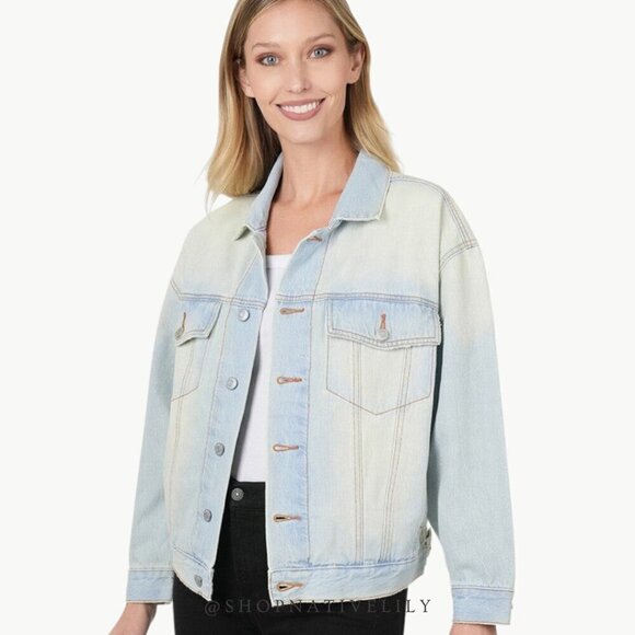 NWT Zenana Women's Oversized 100% Cotton Denim Jean Jacket Sz Medium, Light Wash - Picture 1 of 14